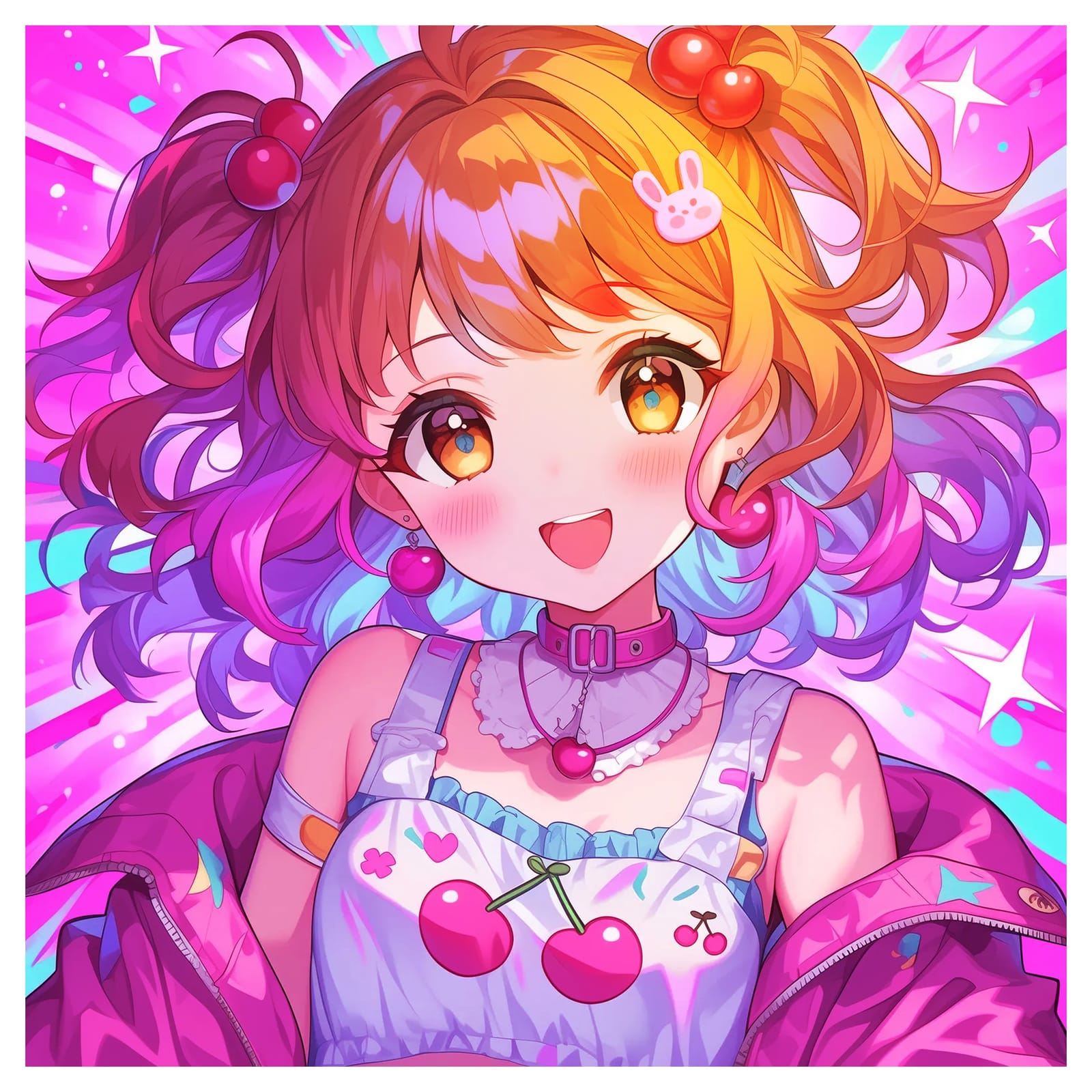 Excited anime girl with orange pigtails and cherry accessories on a hot pink burst