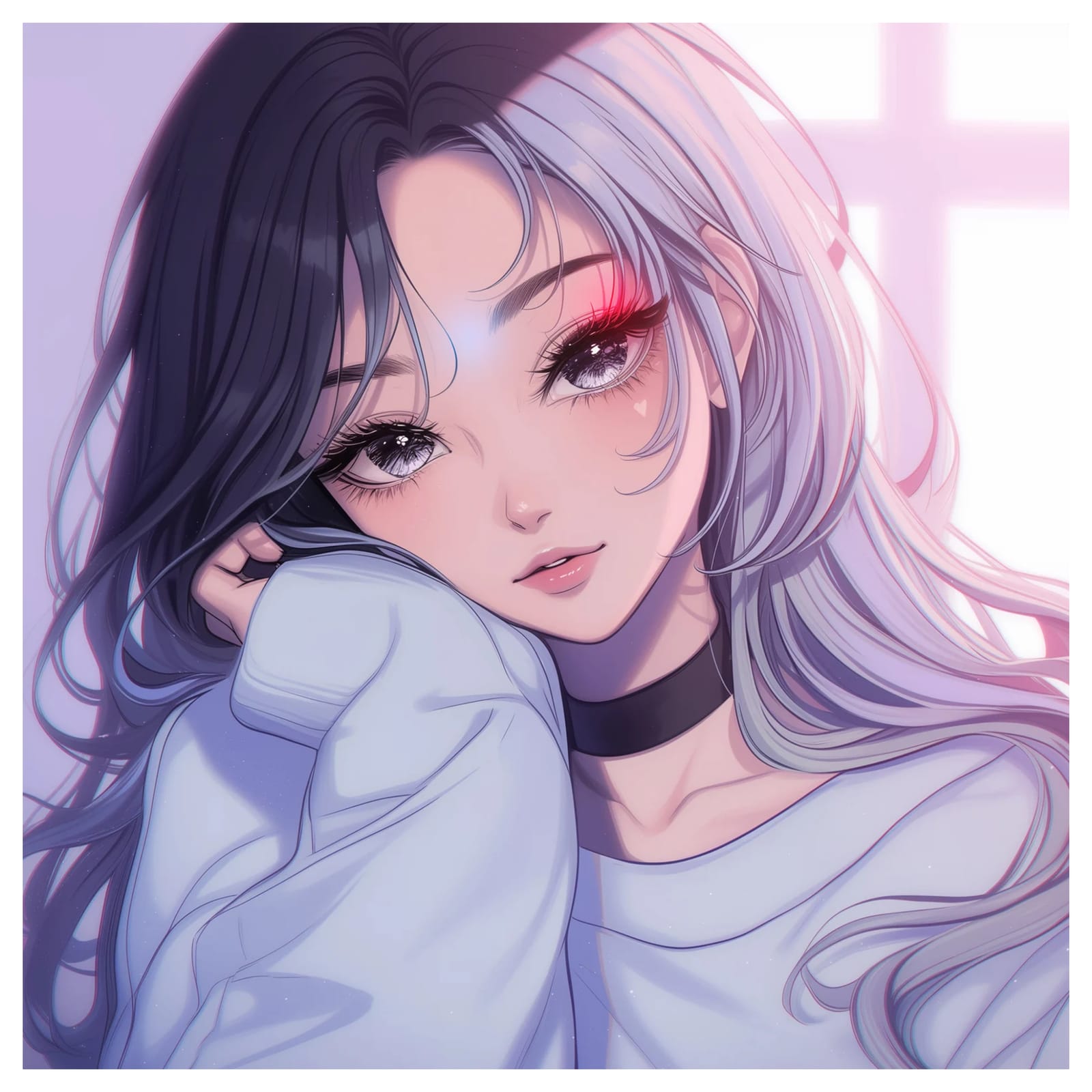 Anime girl with long silver and black hair resting her cheek on her hand