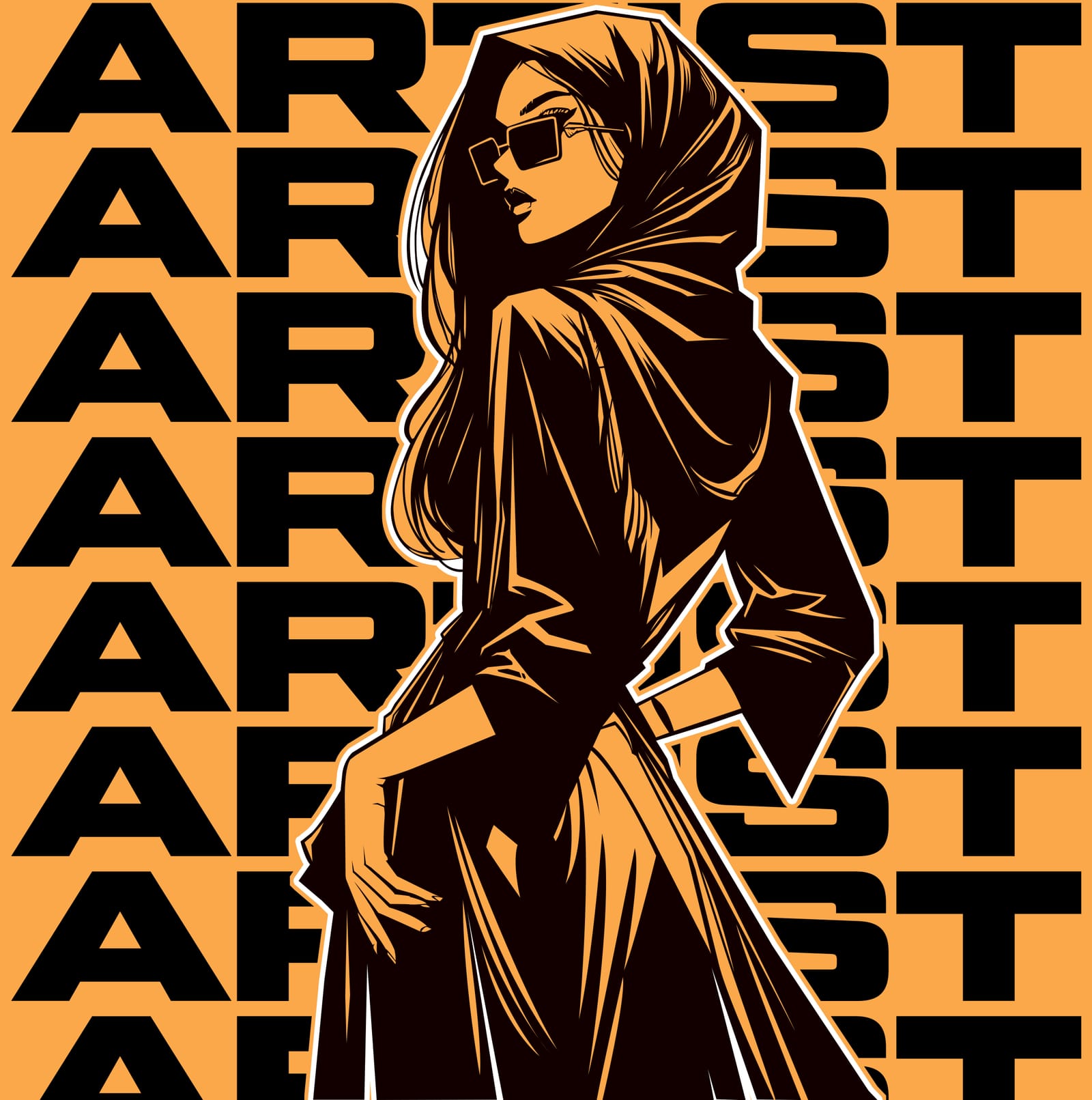 Woman in a hooded trench coat and sunglasses over a repeated ARTIST typographic background