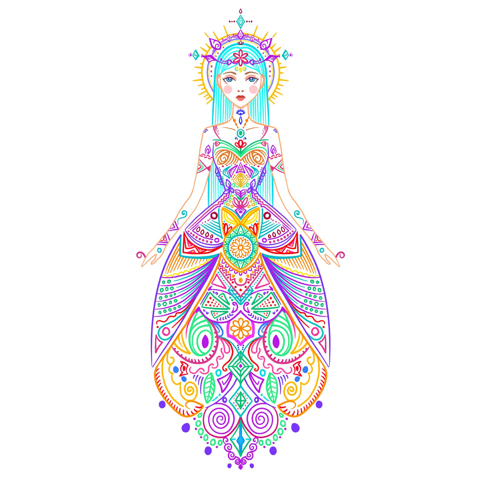Symmetrical figure of a woman whose gown is made of colourful mandala patterns