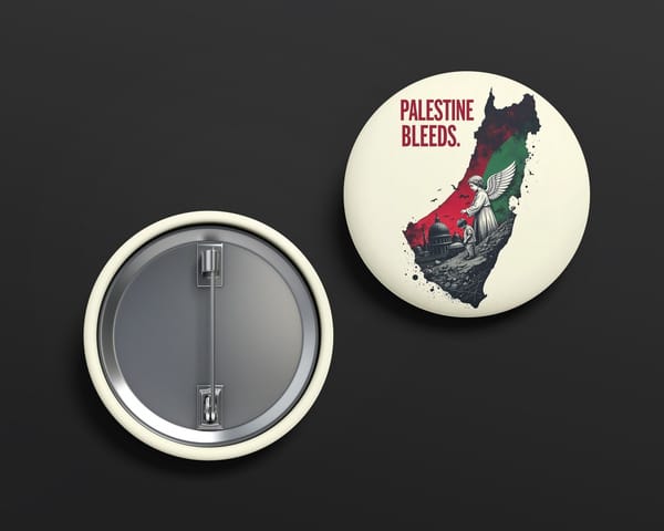 Round button with a map illustration and the words Palestine bleeds