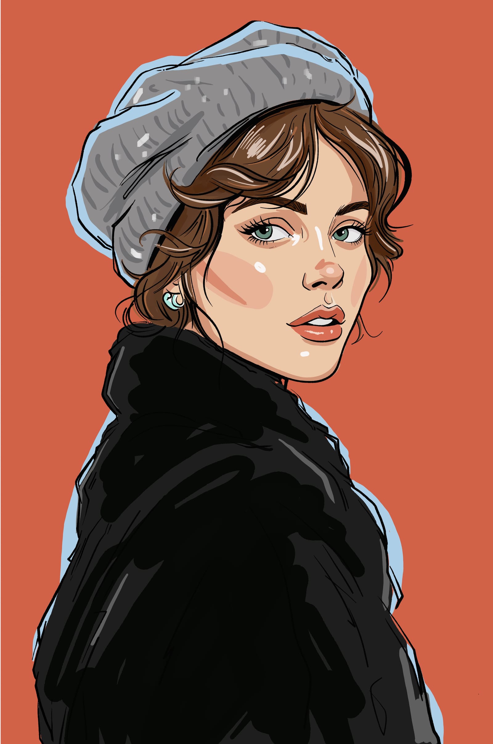 Portrait of a woman in a grey beret and black fur coat against a burnt-orange background