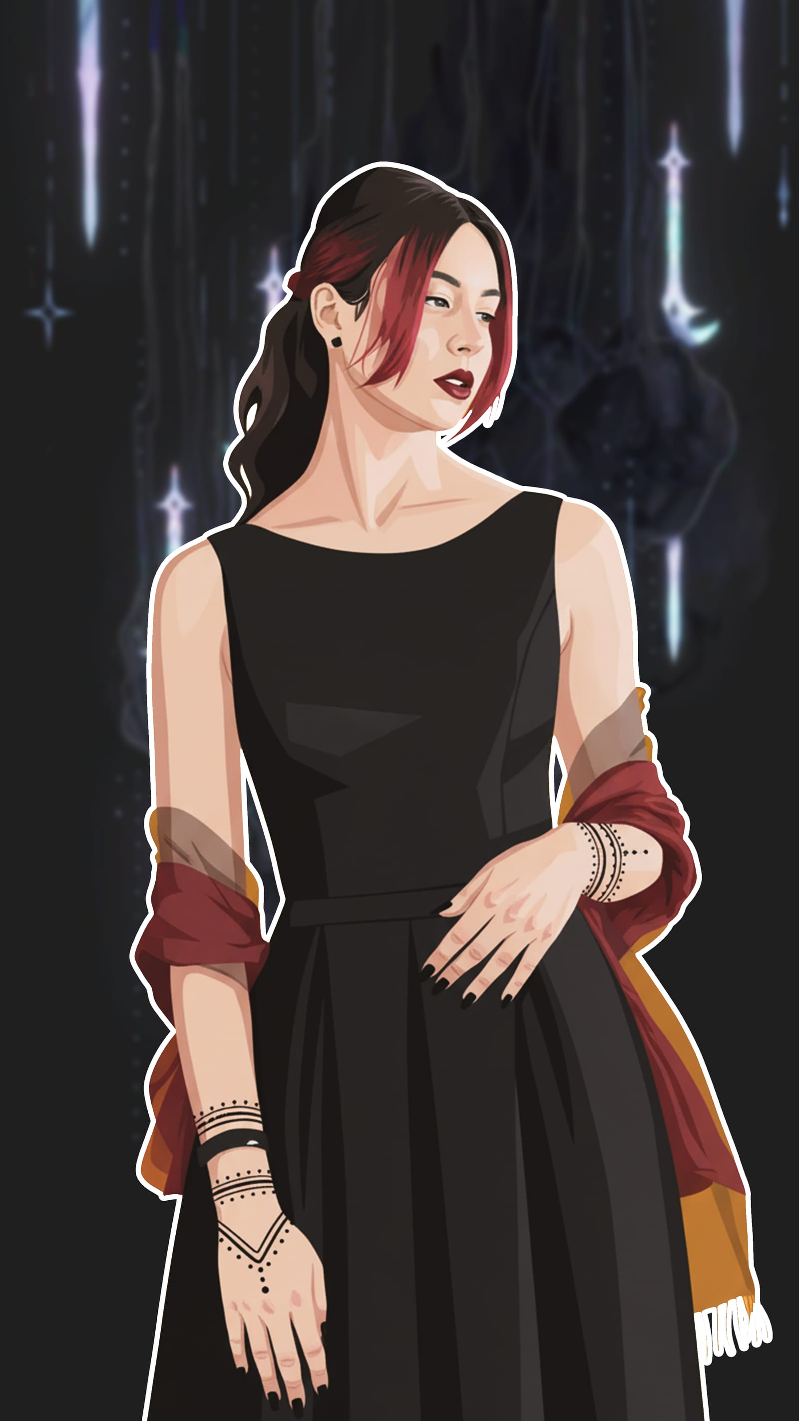 Woman in a black dress and red shawl standing in a dark room lit by falling light