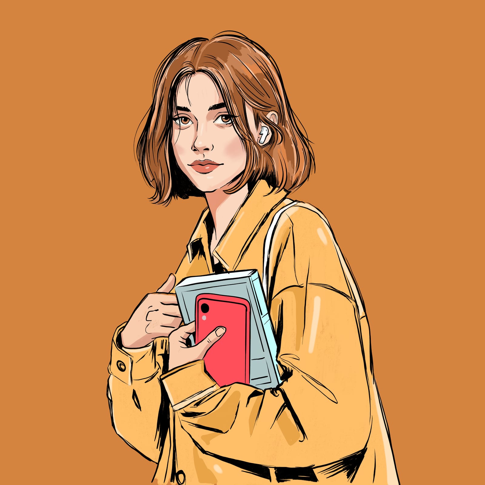 Young woman with a bob haircut in a mustard jacket holding books and a red phone