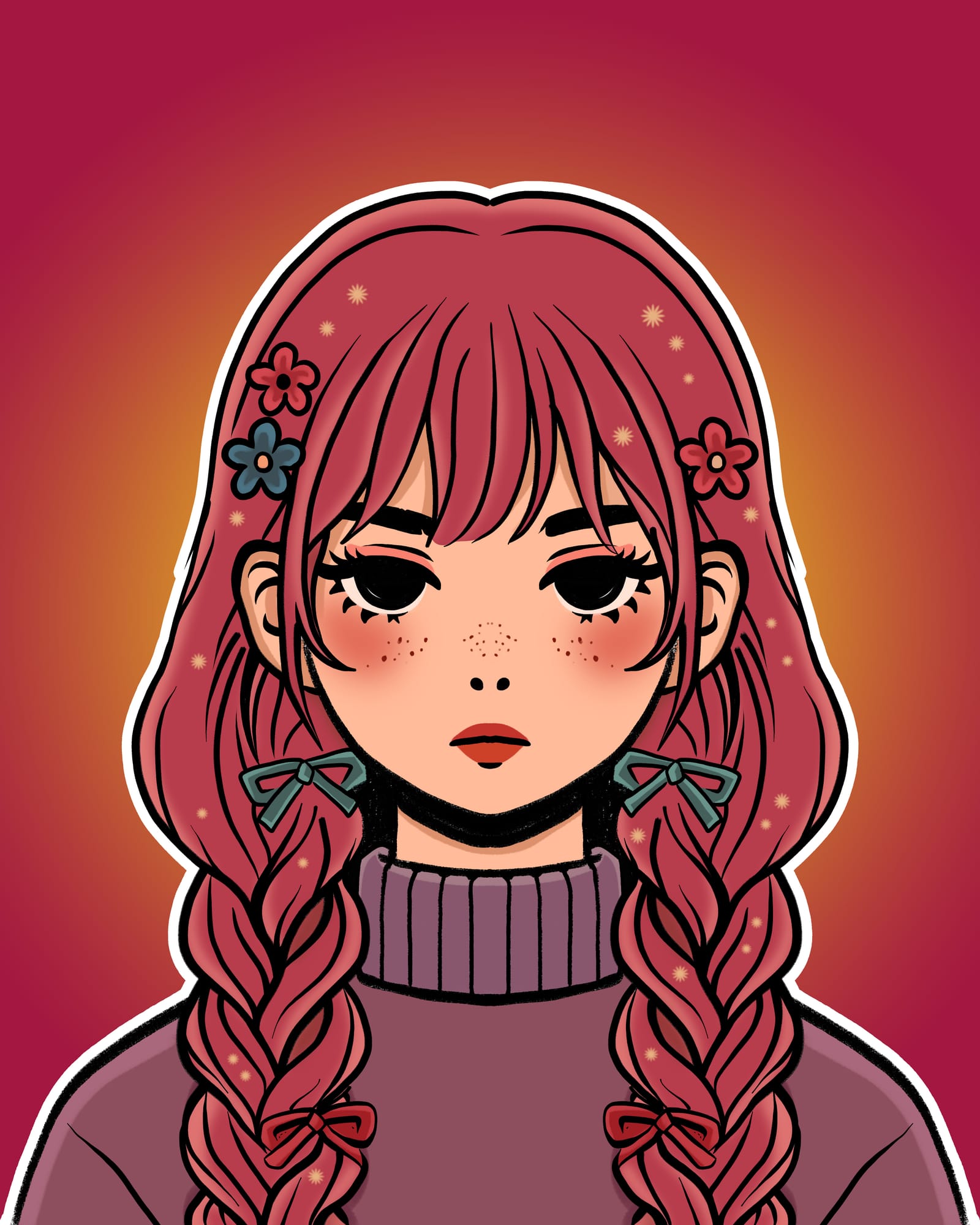 Girl with long red braids and freckles in a mauve sweater, framed by a warm gradient