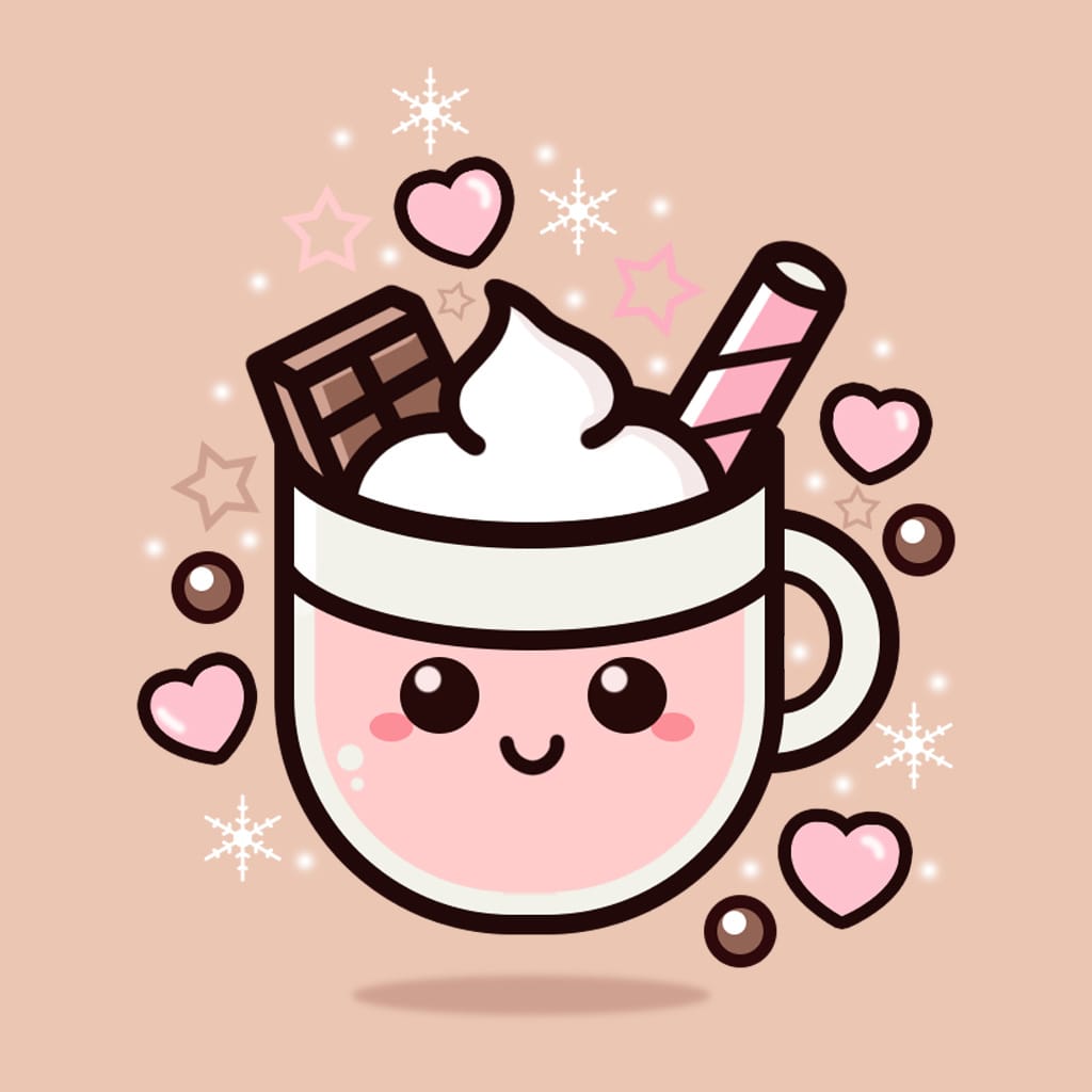 Kawaii smiling mug of hot cocoa topped with cream, chocolate and hearts