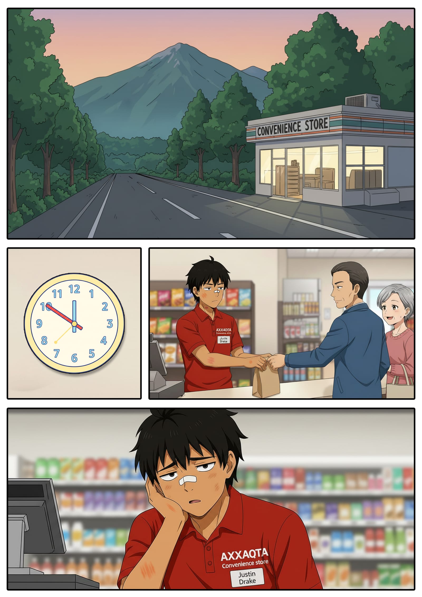 Comic page 1: A convenience store on a mountain road at dusk; inside, Justin serves customers and slumps at the counter, bored