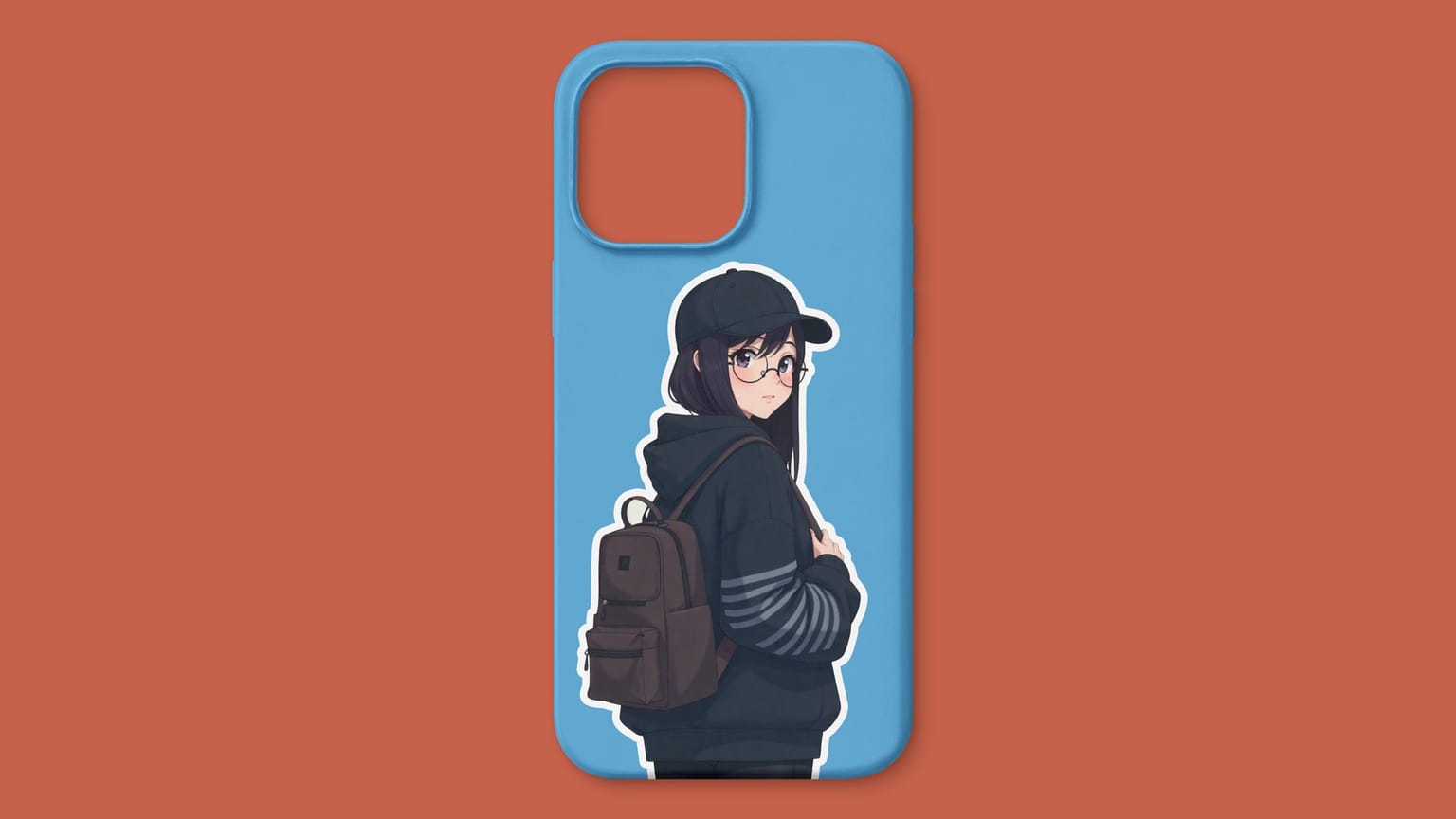 Blue phone case mockup printed with a girl in a hoodie and backpack