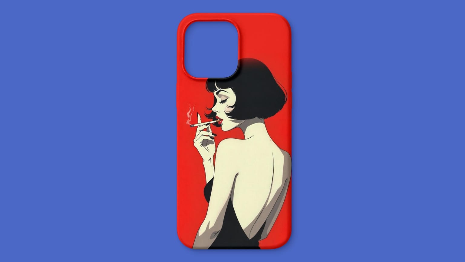 Red phone case mockup with a pop-art woman holding a cigarette