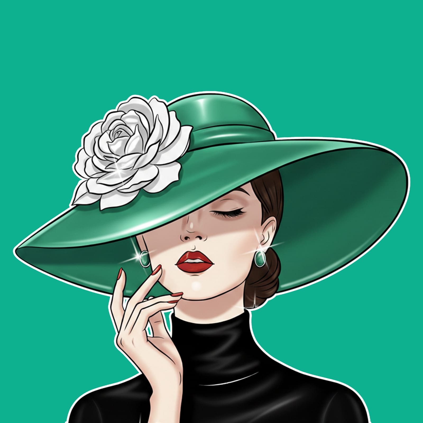 Woman in a wide emerald hat with a white rose, eyes closed, on a teal background