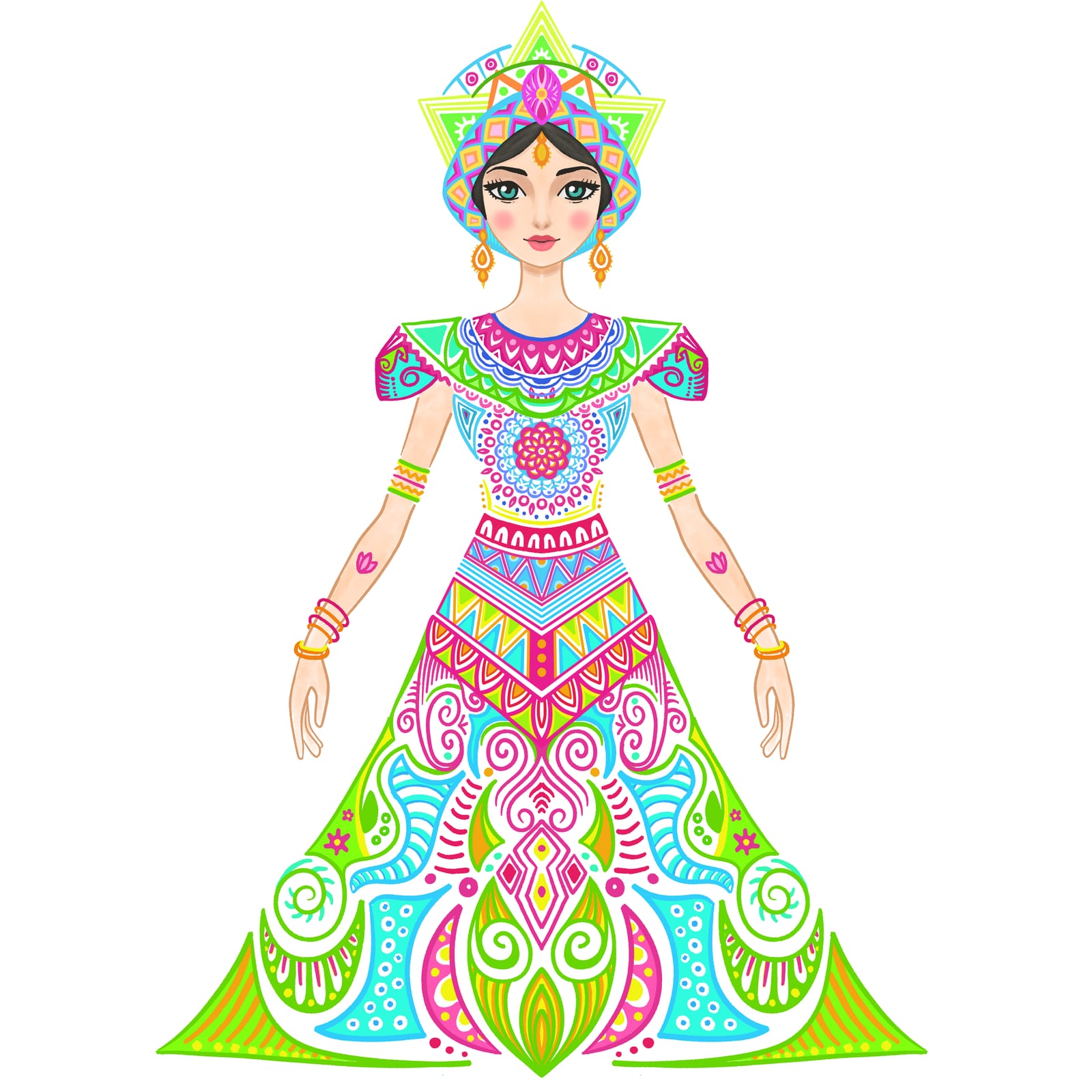 Woman in a folk-art dress of bright green, pink and blue ornamental patterns