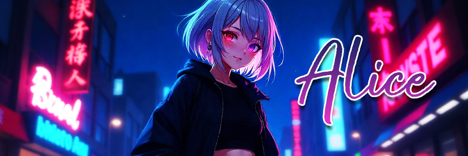 Neon city street banner with a blue-haired anime girl and the name Alice in script