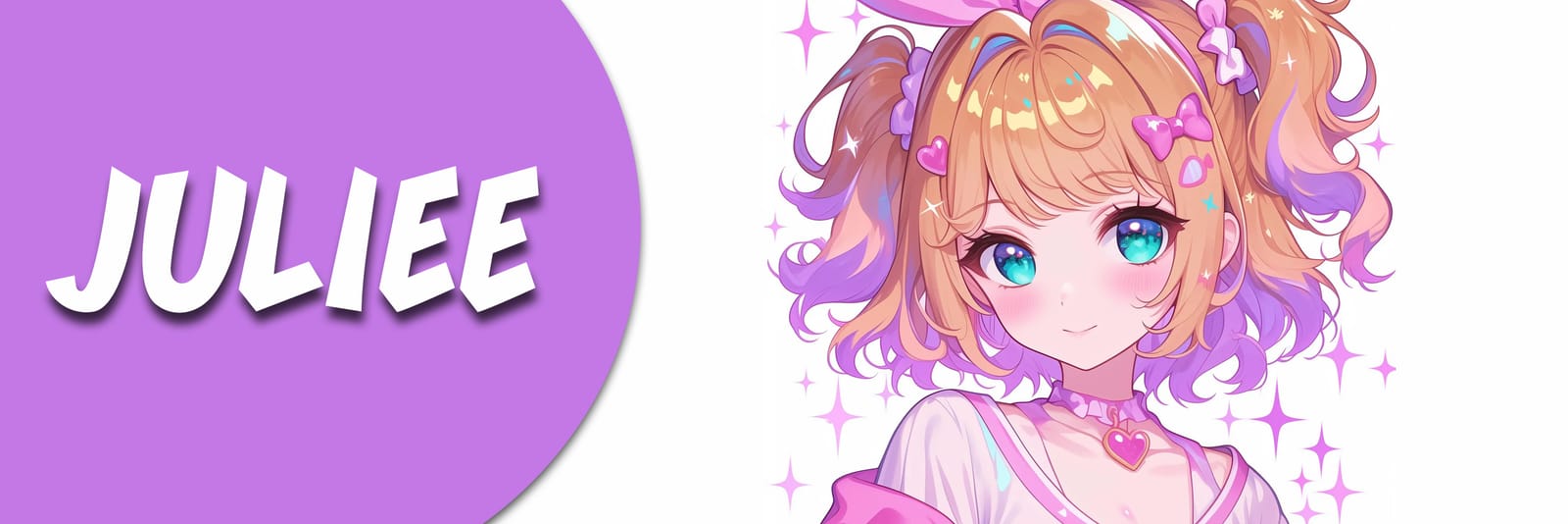 Banner with the name JULIEE in a purple circle beside a pastel anime girl