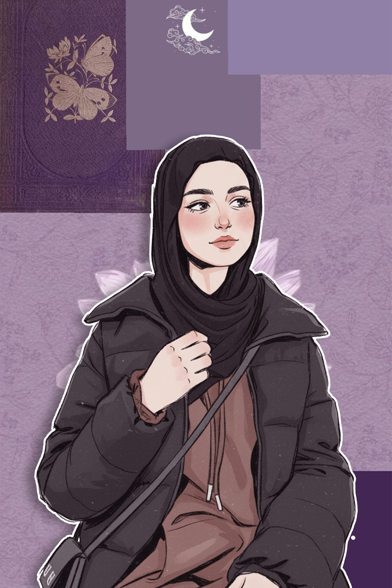 Young woman in a black hijab and puffer jacket against lavender patchwork shapes and a crescent moon