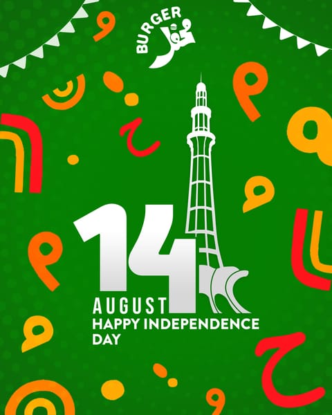 Green 14 August Independence Day post for Burger Mehil featuring Minar-e-Pakistan