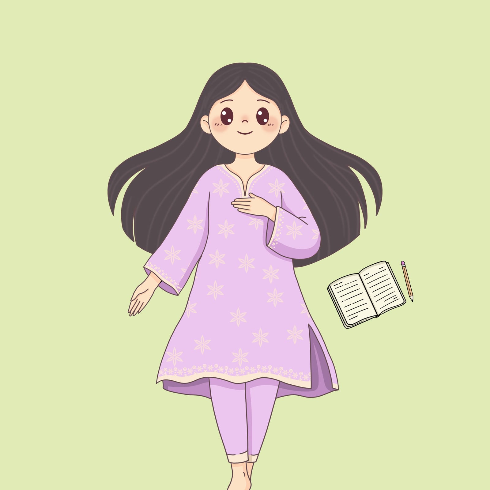 Cartoon girl in a lilac kurta walking past an open notebook on a pale green background