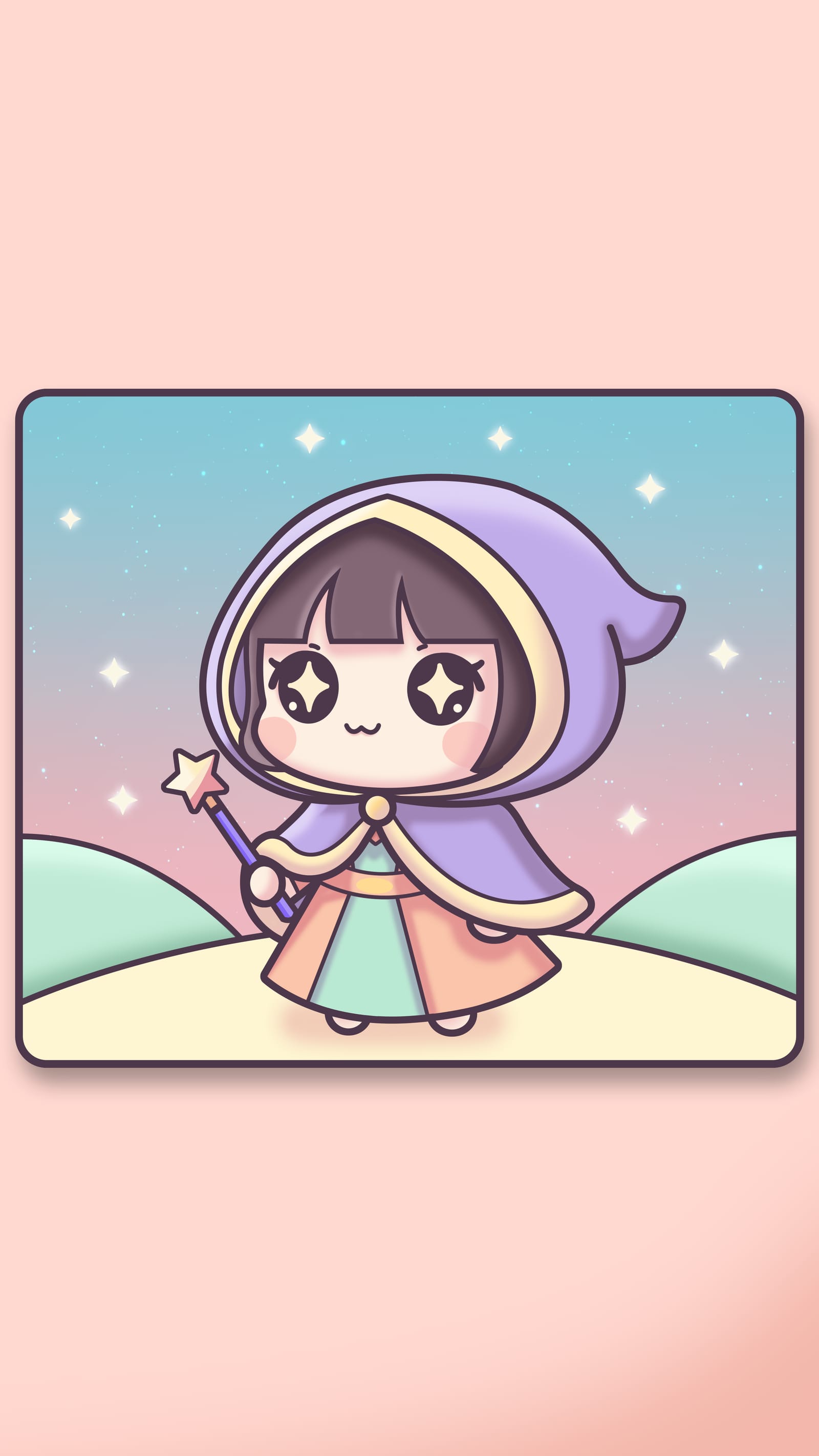 Chibi girl in a purple wizard hood holding a star wand on a pastel card