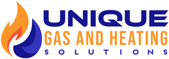 Unique Gas and Heating Solutions logo with a blue and orange flame