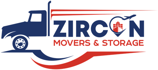 Zircon Movers & Storage logo with a blue truck and red swoosh