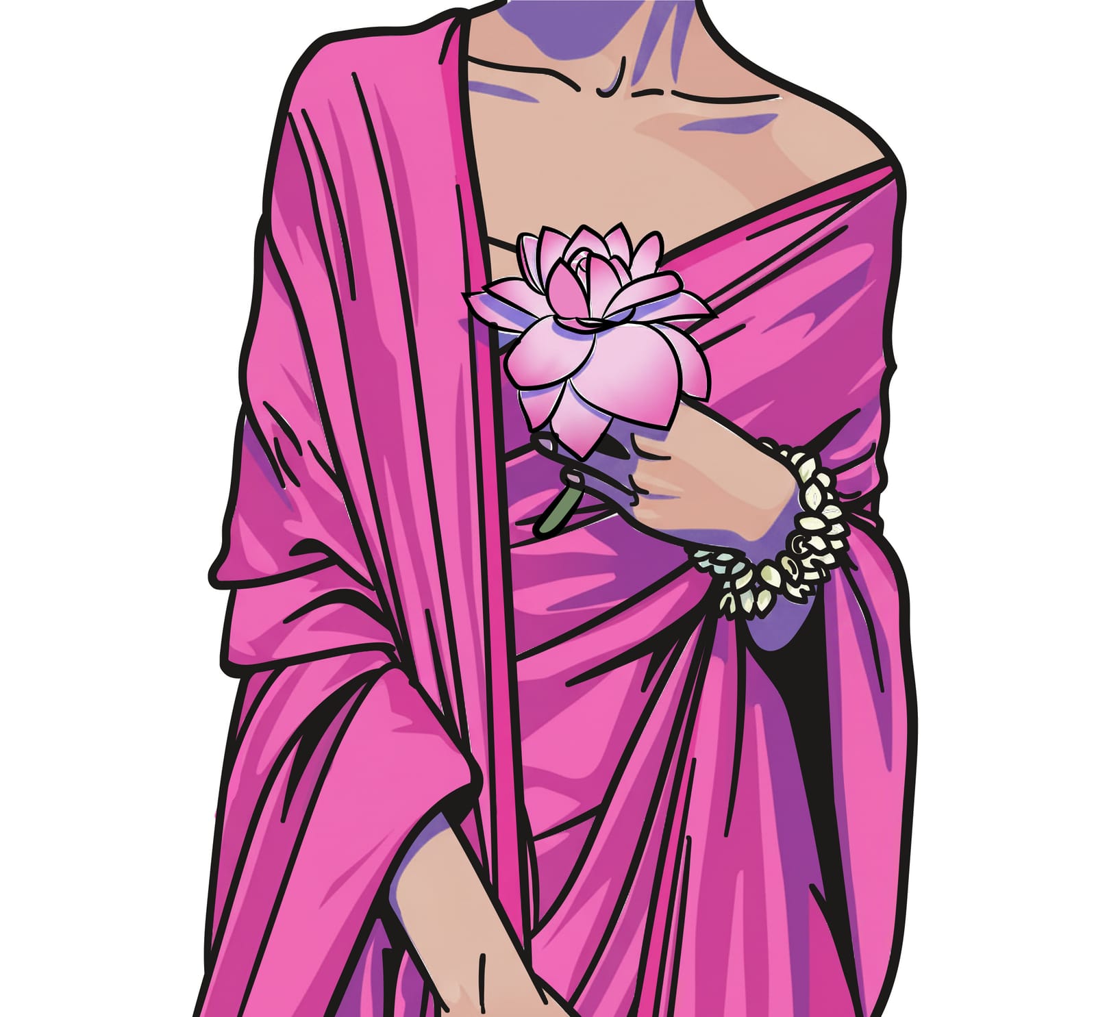 Close crop of a woman draped in a pink saree holding a lotus flower