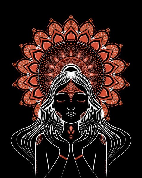 Line-art woman with closed eyes crowned by an orange mandala on black
