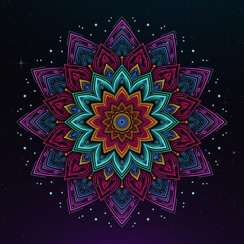 Glowing pink, teal and gold lotus mandala on a starry night background