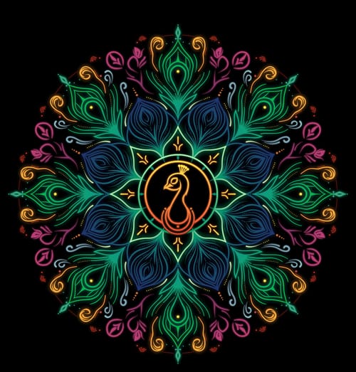Neon mandala of green and blue feathers around a golden peacock emblem
