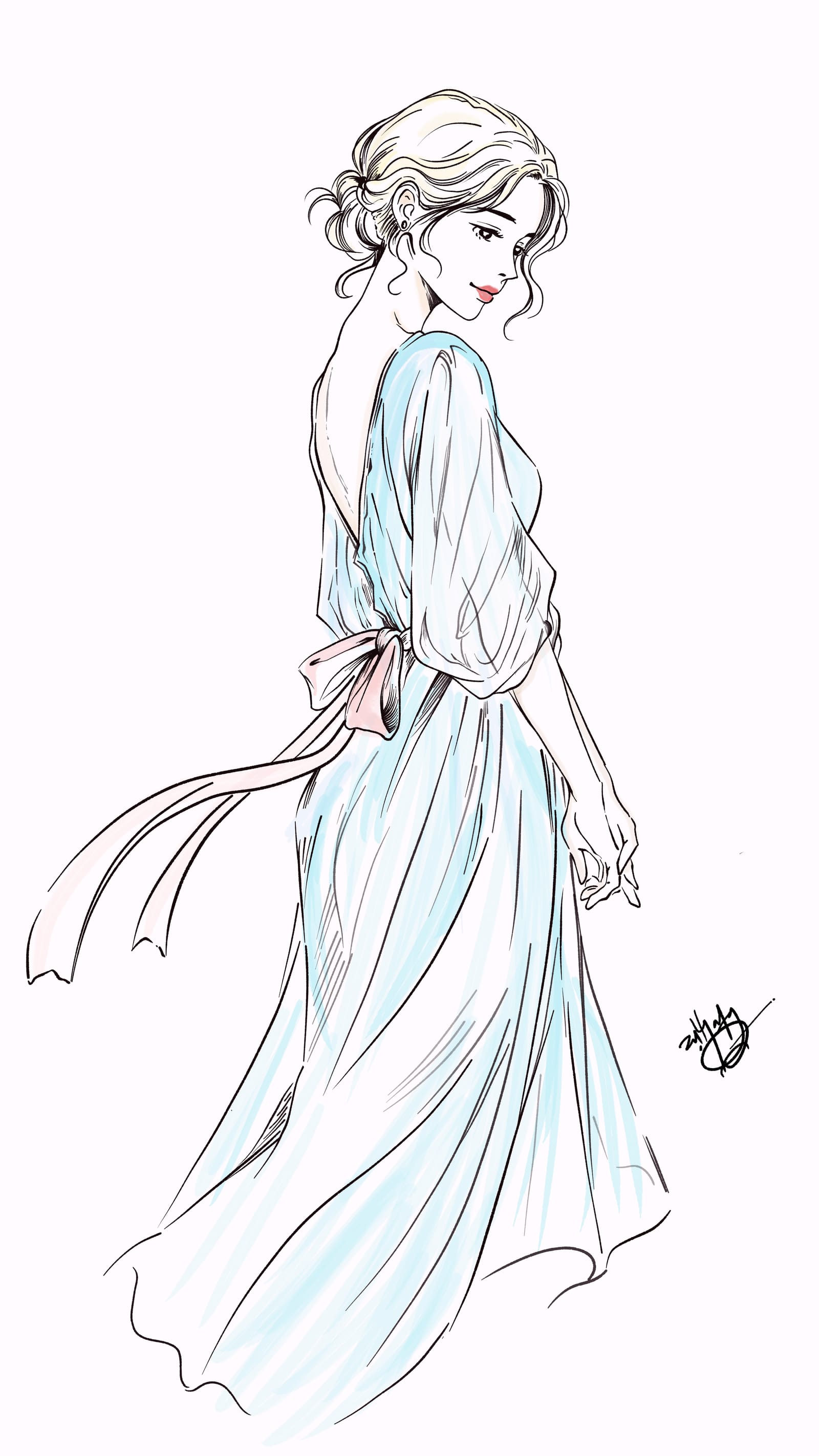 Loose ink sketch of a woman in a flowing pale blue dress