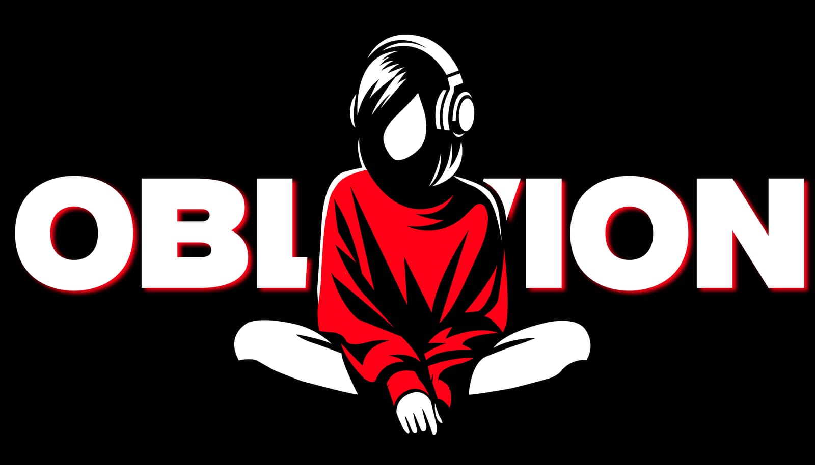 Faceless figure in headphones and a red hoodie sitting inside the word OBLIVION