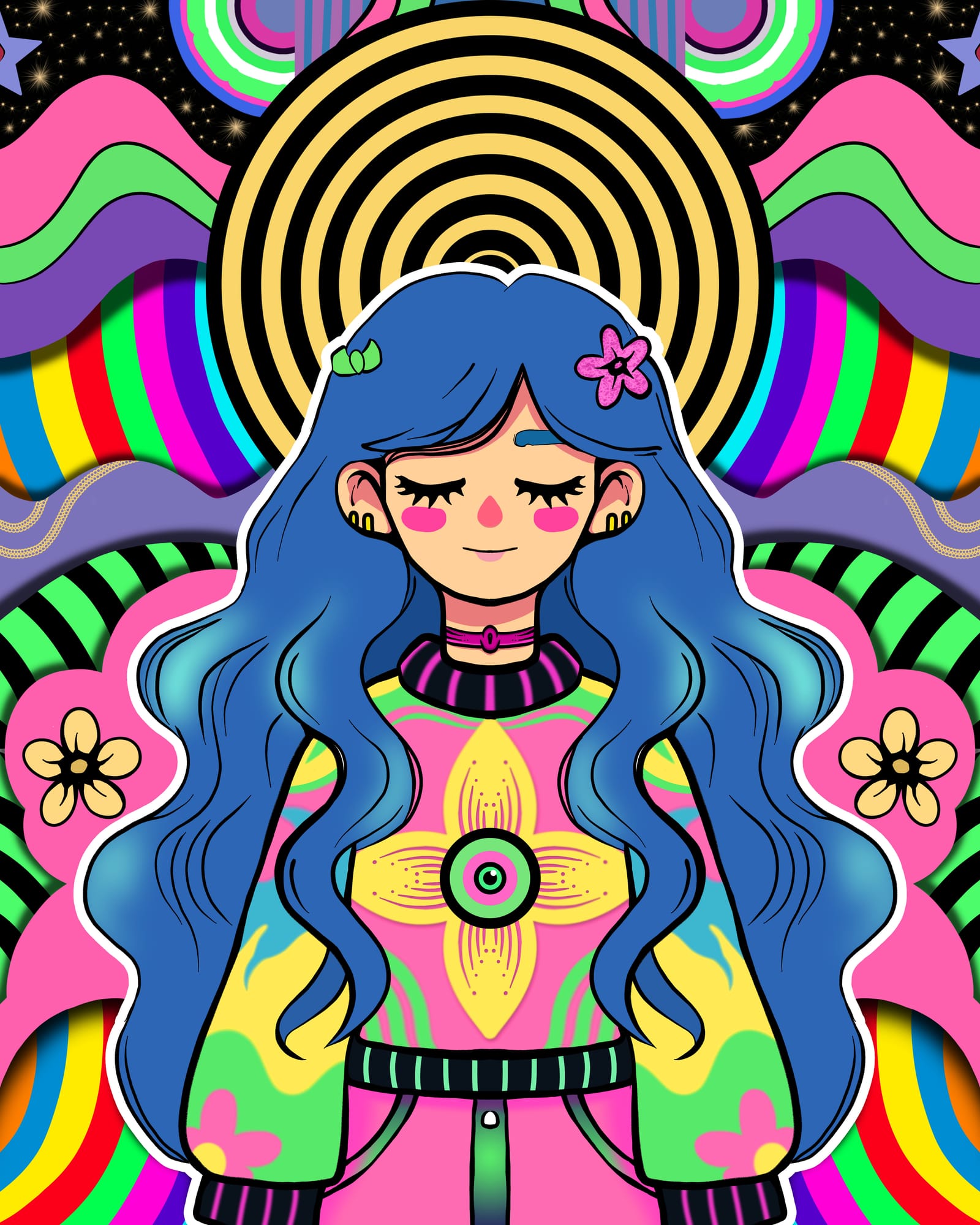Girl with flowing blue hair surrounded by rainbow psychedelic patterns and flowers