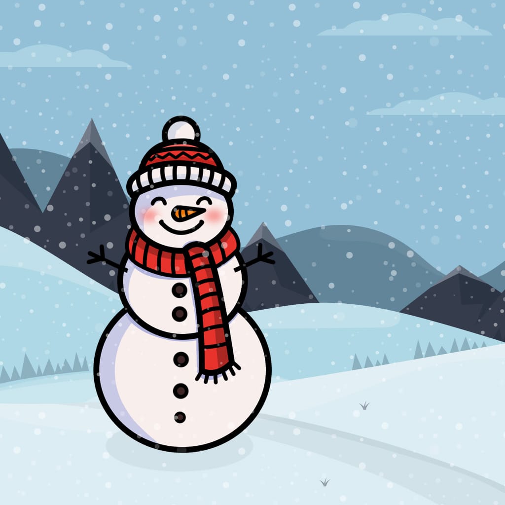 Cheerful snowman with a red scarf and hat in a snowy mountain landscape