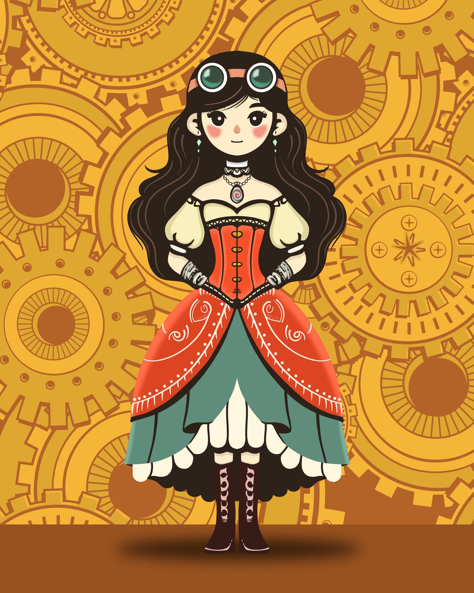 Cartoon girl in a red corset dress and goggles in front of golden clockwork gears