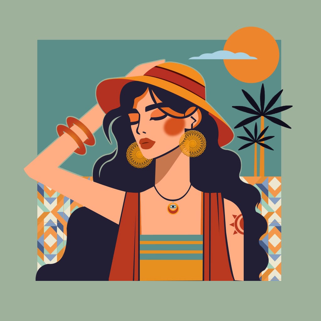 Retro-style woman in a wide orange sunhat and hoop earrings with palm leaves and a sun