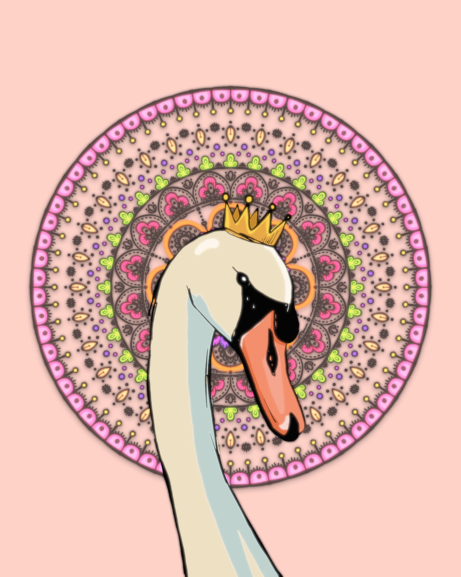 White swan wearing a small crown in front of an intricate pink and purple mandala