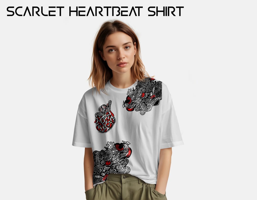 Model wearing the Scarlet Heartbeat T-shirt with an illustrated anatomical heart