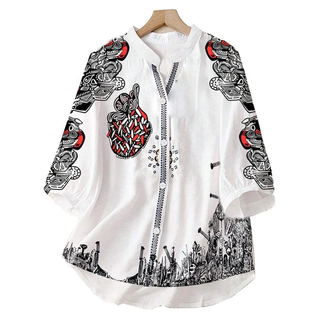 White shirt mockup covered in black ornamental linework with red accents