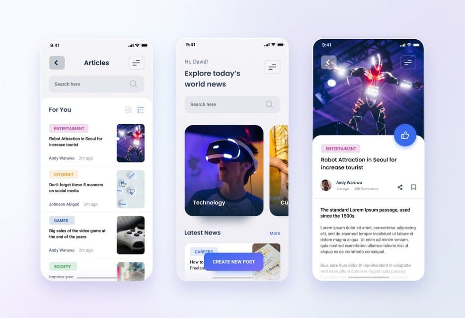 Three mobile screens of a blogging app showing articles, search and a featured story