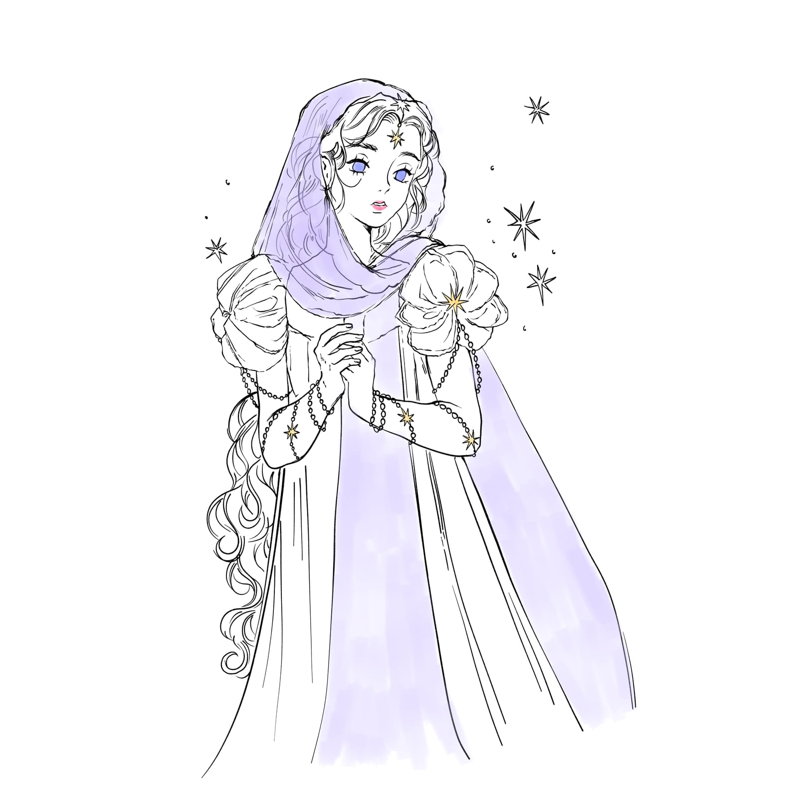 Pencil-style sketch of a veiled woman holding flowers with soft lilac colouring