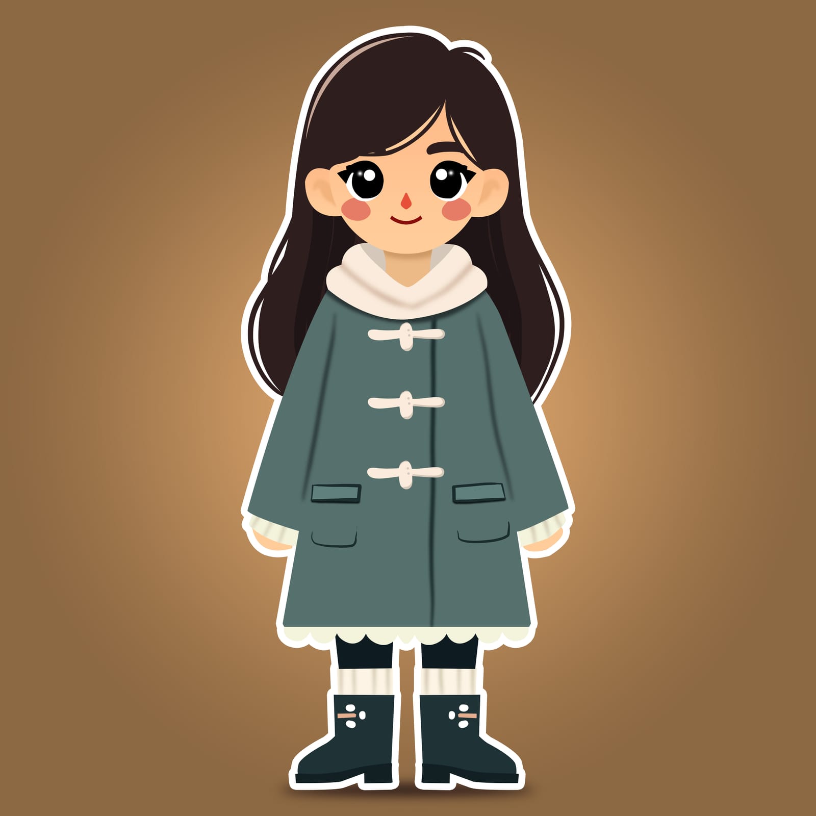 Cartoon girl with long dark hair in a green toggle coat and snow boots